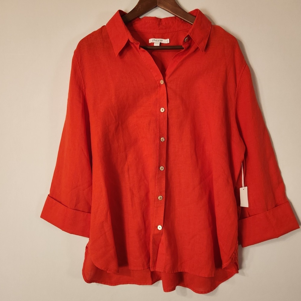 Chico's Linen Button Up Shirt NWT Tomato Red-Orange Lightweight Chico's Size 3
